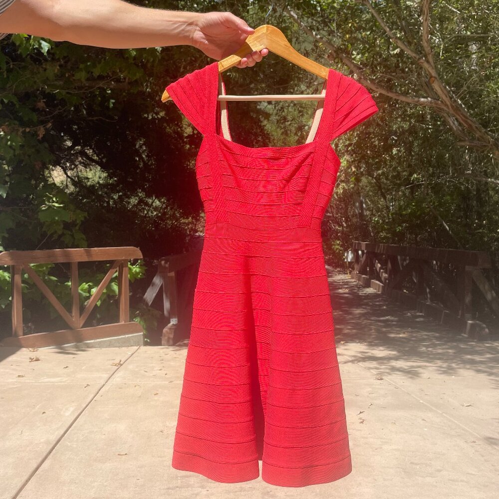 Herve Leger Red Cap Sleeve Dress, XS
